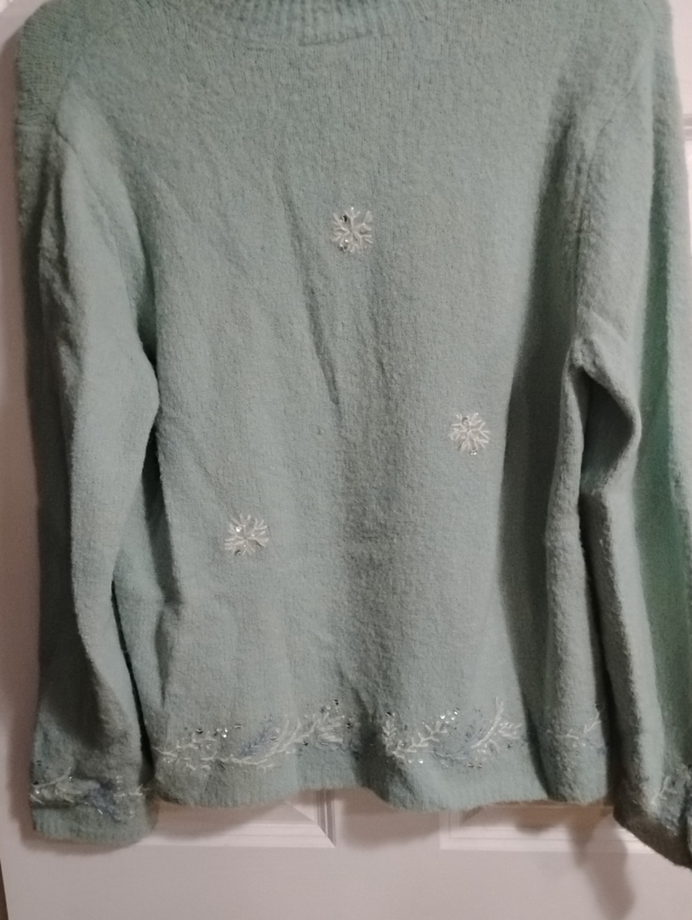 Talbots Mint Green Crewneck Sweater with Beaded Snowflake Accents
